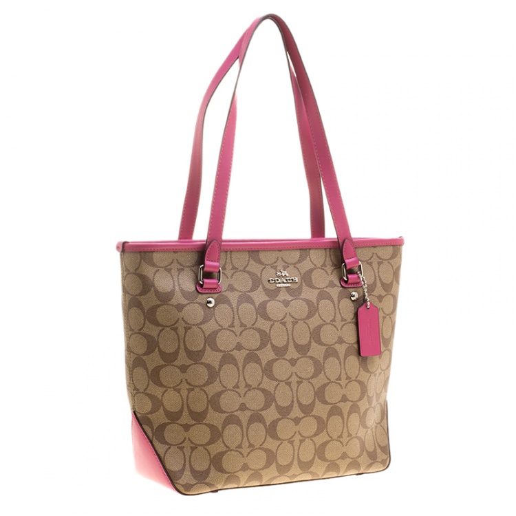 Pre Owned Coach Beige/Pink Signature Canvas and Leather Tote