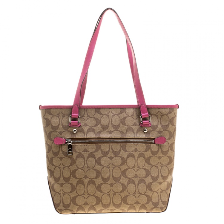 Pre Owned Coach Beige/Pink Signature Canvas and Leather Tote