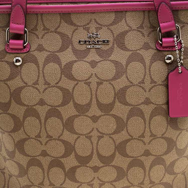 Pre Owned Coach Beige/Pink Signature Canvas and Leather Tote