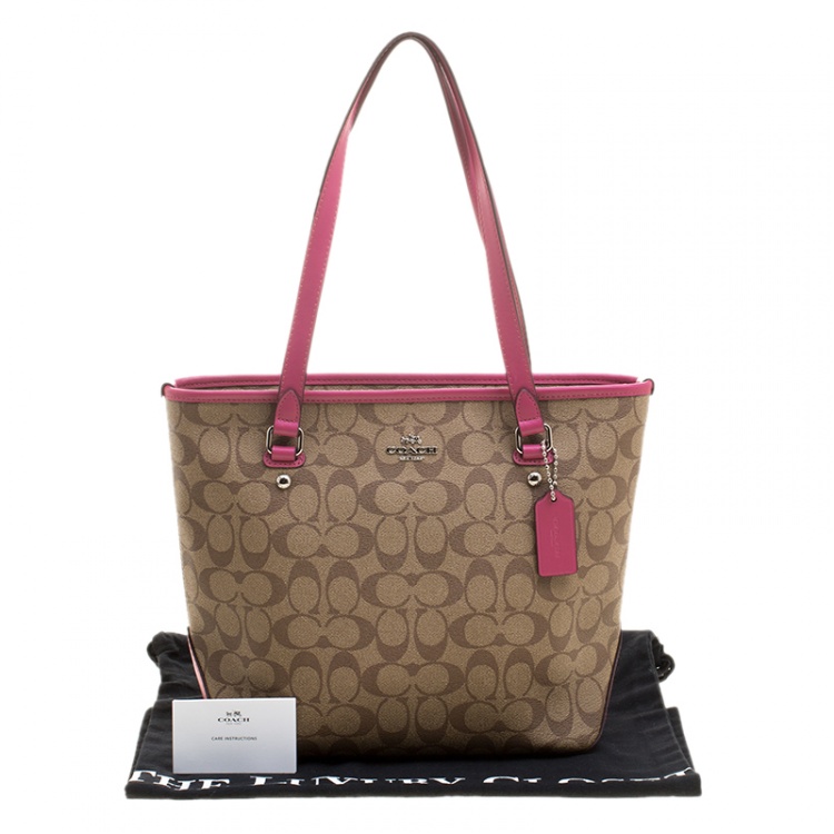 Pre Owned Coach Beige/Pink Signature Canvas and Leather Tote