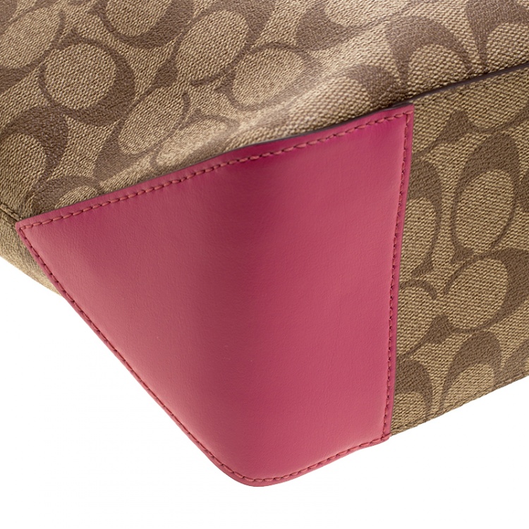 Pre Owned Coach Beige/Pink Signature Canvas and Leather Tote