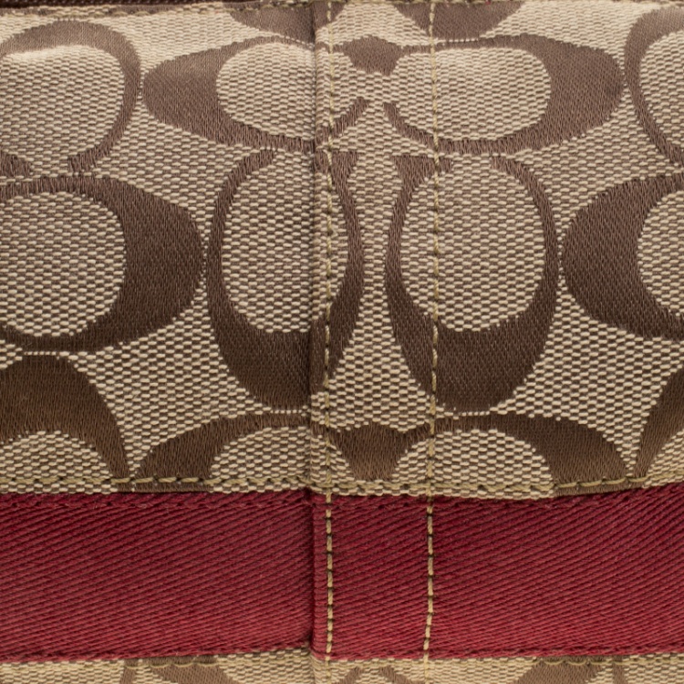 Pre Owned Coach Beige/Maroon Signature Canvas Hobo