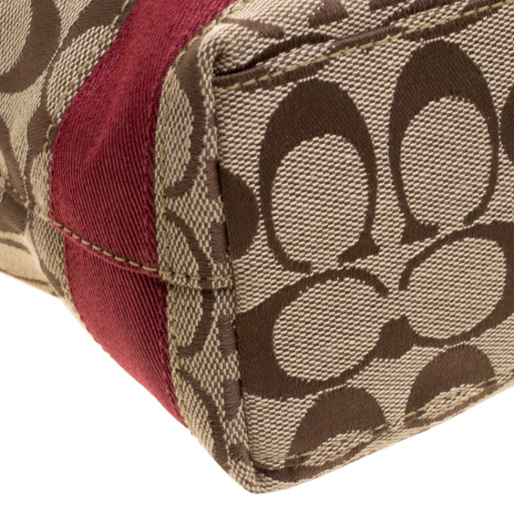 Pre Owned Coach Beige/Maroon Signature Canvas Hobo