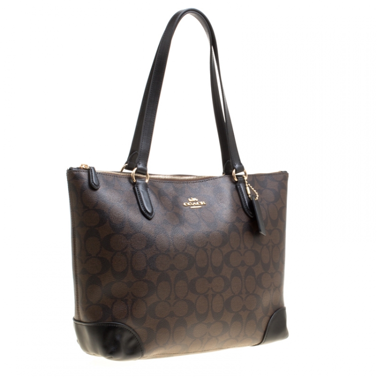 Pre Owned Coach Brown/Black Signature Coated Canvas Shopper Tote