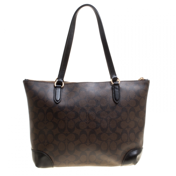 Pre Owned Coach Brown/Black Signature Coated Canvas Shopper Tote