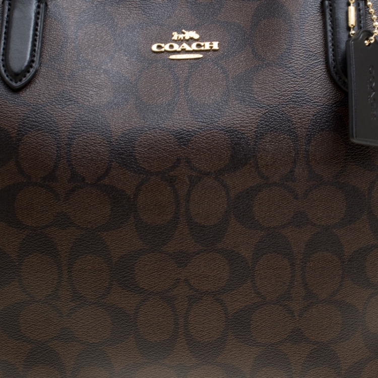 Pre Owned Coach Brown/Black Signature Coated Canvas Shopper Tote