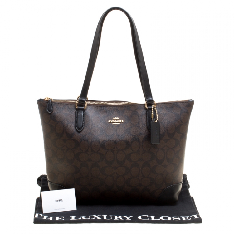 Pre Owned Coach Brown/Black Signature Coated Canvas Shopper Tote