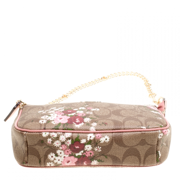 Pre Owned Coach Brown/Pink Floral Print Signature Coated Canvas and Leather Clutch 
