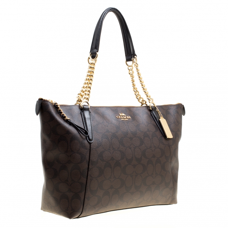 Pre Owned Coach Brown Signature Coated Canvas Ava Chain Tote
