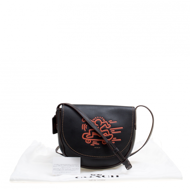 Pre Owned Coach Black Leather Keith Haring Hudson Crossbody Flap Bag