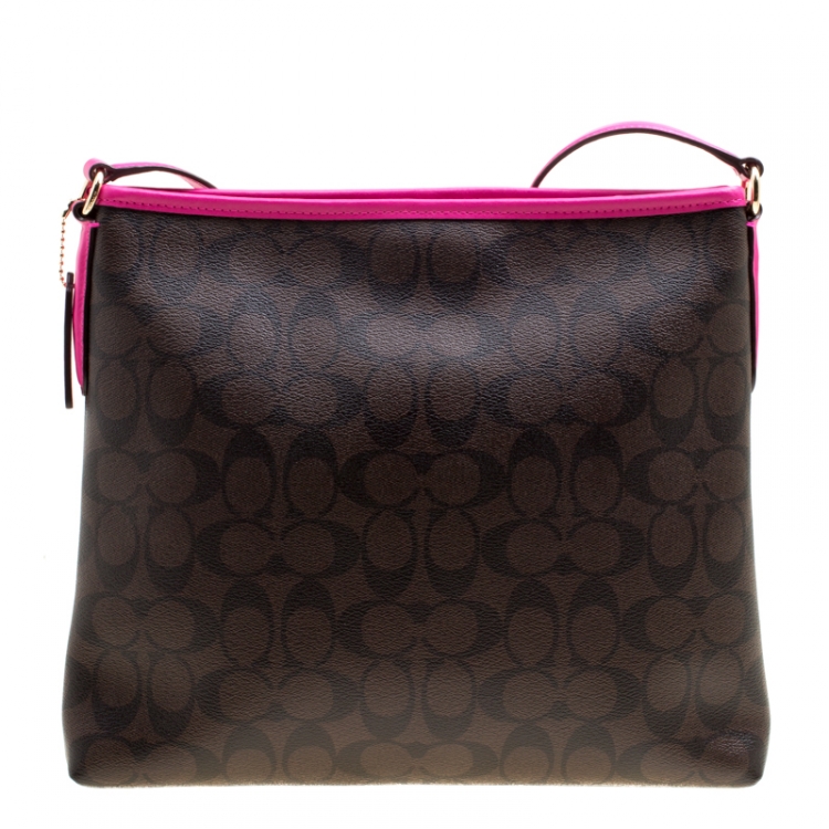 Pre Owned Coach Brown/Fuchsia Signature Canvas and Leather Swingpack File Crossbody Bag 