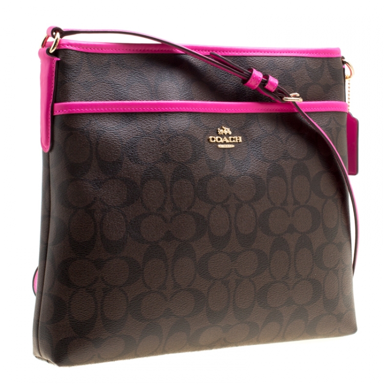 Pre Owned Coach Brown/Fuchsia Signature Canvas and Leather Swingpack File Crossbody Bag 