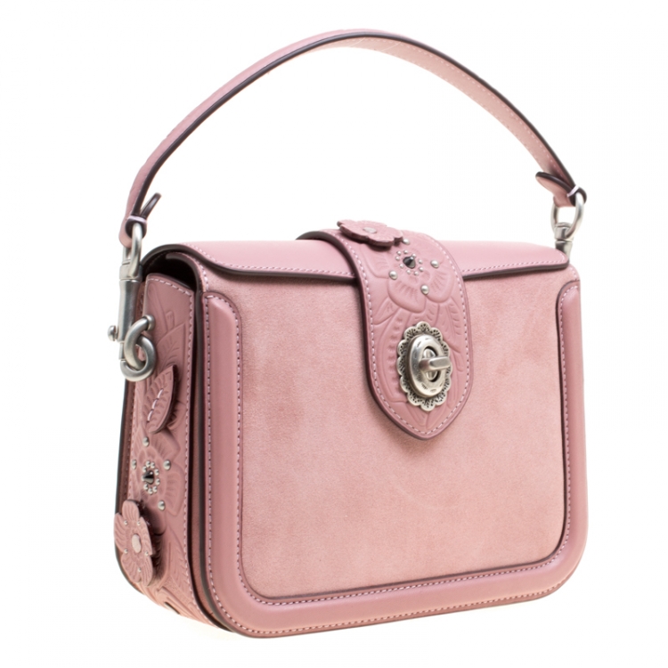 مملوكة مسبقًا Coach Bubble Gum Suede and Leather Tea Rose Tooling Page Shoulder Bag