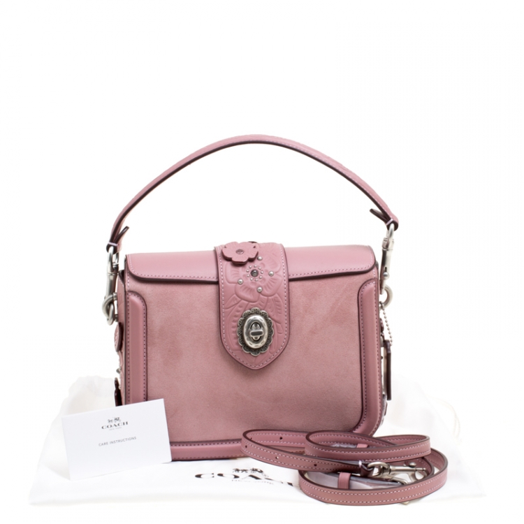 مملوكة مسبقًا Coach Bubble Gum Suede and Leather Tea Rose Tooling Page Shoulder Bag