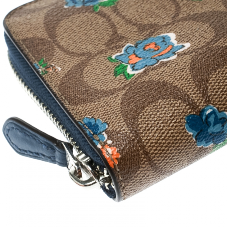 Pre Owned Coach Brown/Blue Coated Canvas and Leather Floral Zip Around Wallet 
