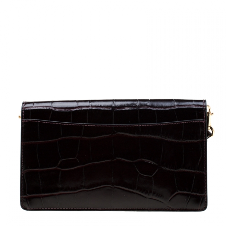 Pre Owned Coach Burgundy Croc Embossed Leather Clutch