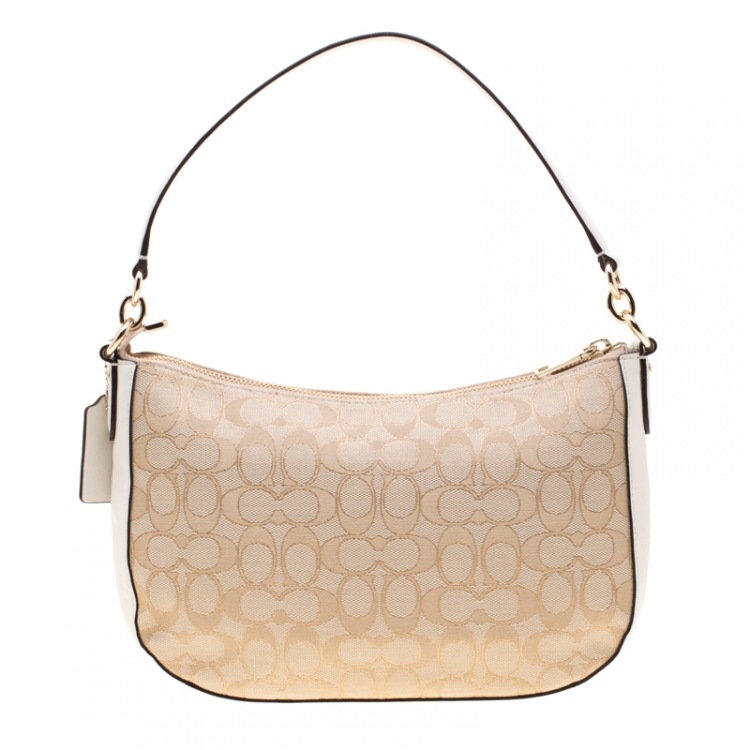 Pre Owned Coach Beige Signature Canvas and Leather Shoulder Bag
