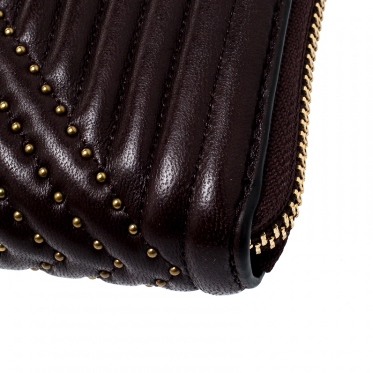 Pre Owned Coach Dark Burgundy Quilted Leather Rivets Zip Around Wallet