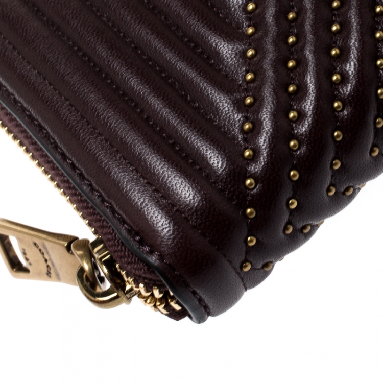 Pre Owned Coach Dark Burgundy Quilted Leather Rivets Zip Around Wallet