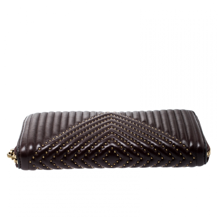 Pre Owned Coach Dark Burgundy Quilted Leather Rivets Zip Around Wallet