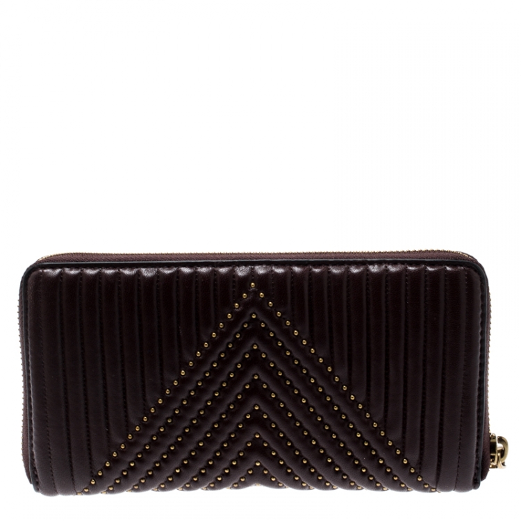 Pre Owned Coach Dark Burgundy Quilted Leather Rivets Zip Around Wallet