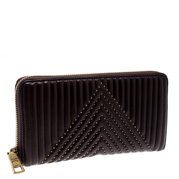Pre Owned Coach Dark Burgundy Quilted Leather Rivets Zip Around Wallet