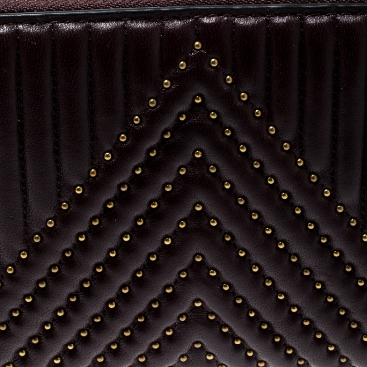 Pre Owned Coach Dark Burgundy Quilted Leather Rivets Zip Around Wallet