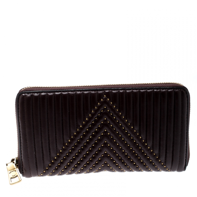 Pre Owned Coach Dark Burgundy Quilted Leather Rivets Zip Around Wallet