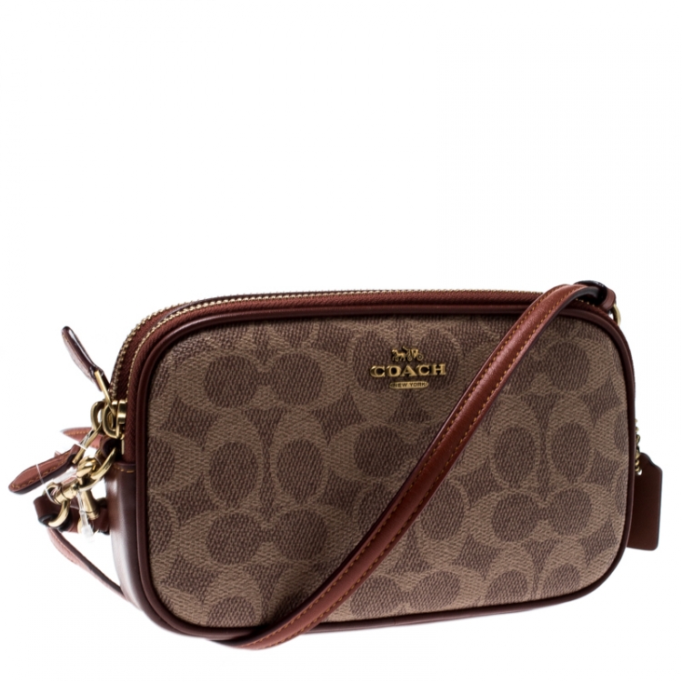 Pre Owned Coach Beige/Brown Coated Canvas and Leather Boxed Sadie Crossbody Bag