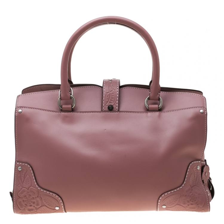 Pre Owned Coach Nude Pink Flower Embellished Leather Mercer 30 Satchel