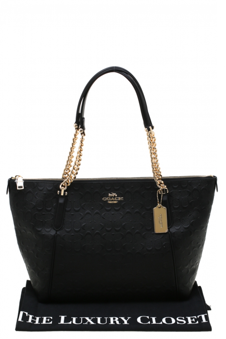 Pre Owned Coach Black Signature Embossed Leather Ava Zip Chain Tote