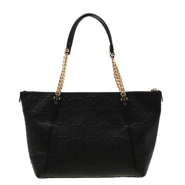 Pre Owned Coach Black Signature Embossed Leather Ava Zip Chain Tote