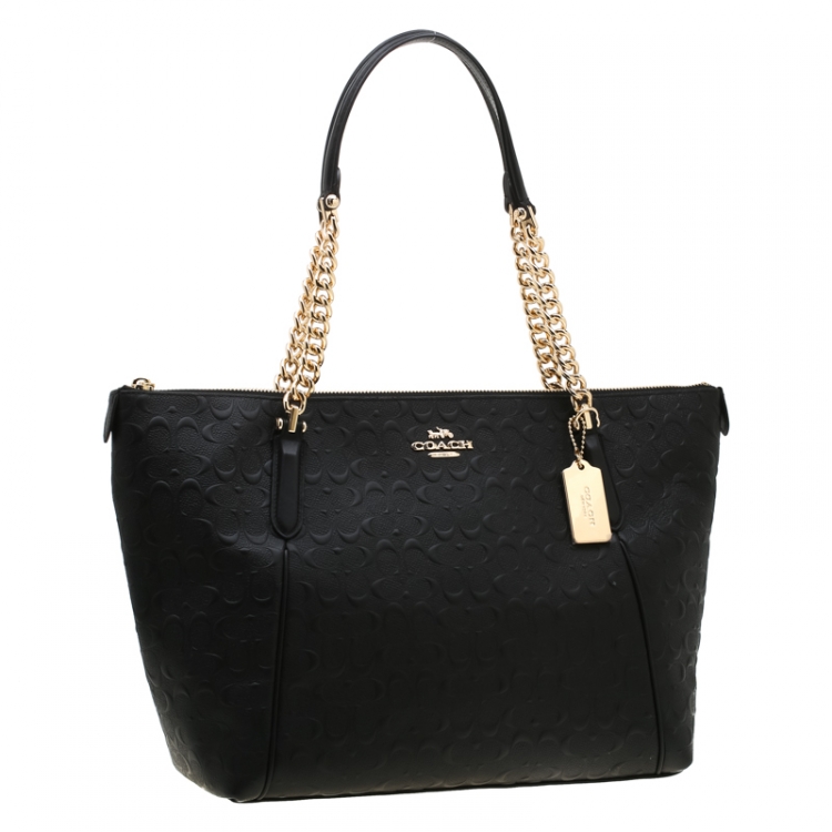 Pre Owned Coach Black Signature Embossed Leather Ava Zip Chain Tote