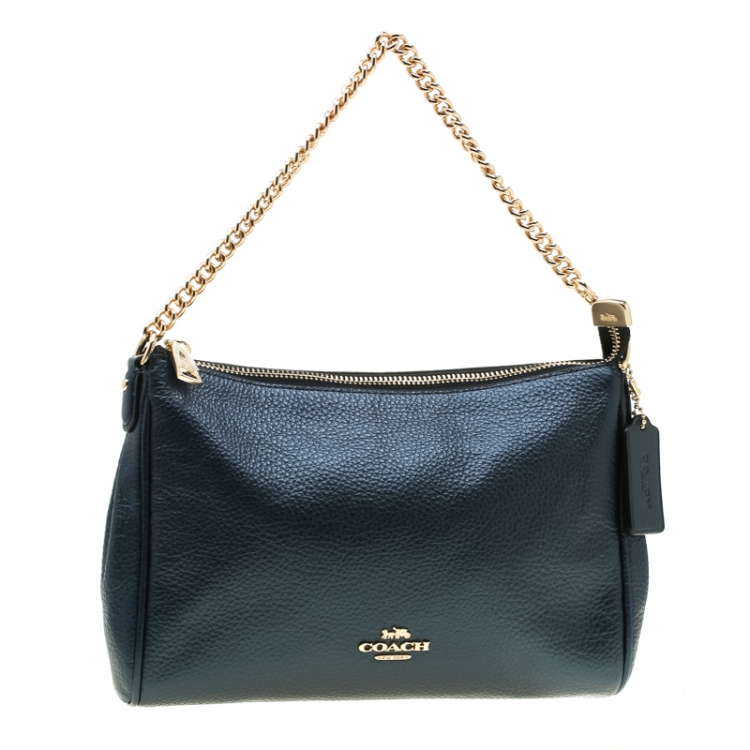 Pre Owned Coach Blue Metallic Leather Carrie Crossbody Bag