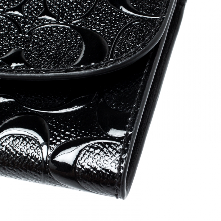 Pre Owned Coach Black Signature Debossed Patent Leather Boxed Soft Wallet