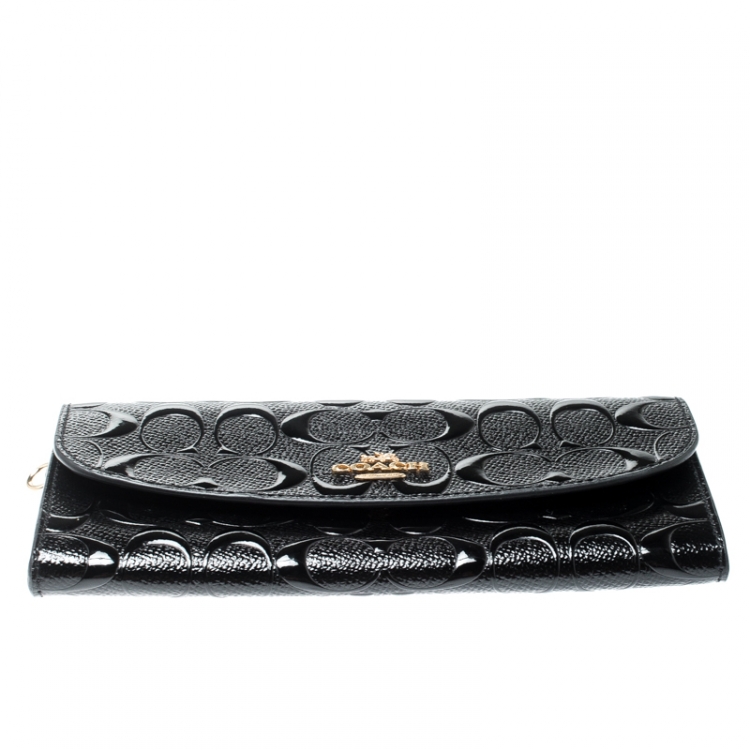 Pre Owned Coach Black Signature Debossed Patent Leather Boxed Soft Wallet