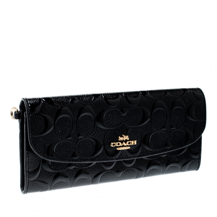 Pre Owned Coach Black Signature Debossed Patent Leather Boxed Soft Wallet