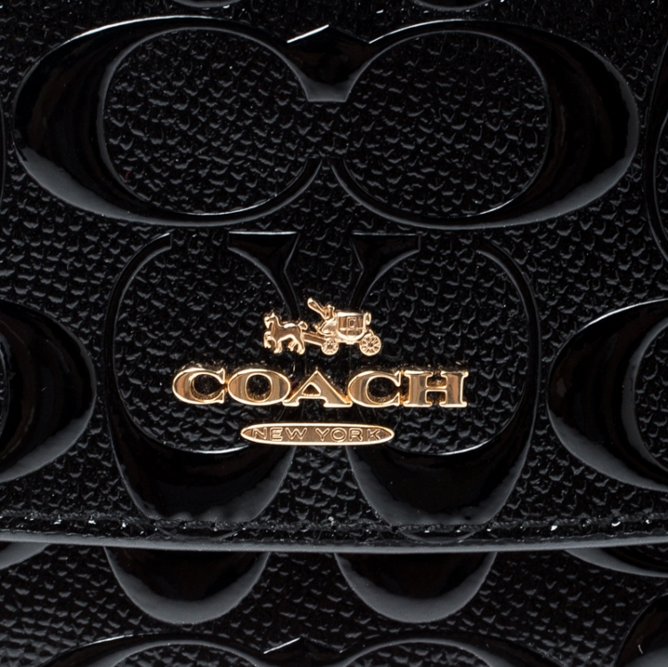 Pre Owned Coach Black Signature Debossed Patent Leather Boxed Soft Wallet