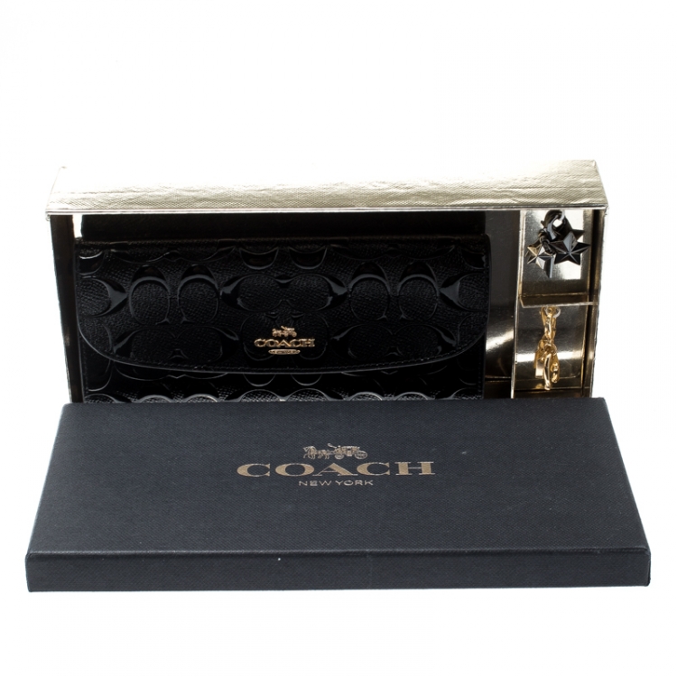 Pre Owned Coach Black Signature Debossed Patent Leather Boxed Soft Wallet