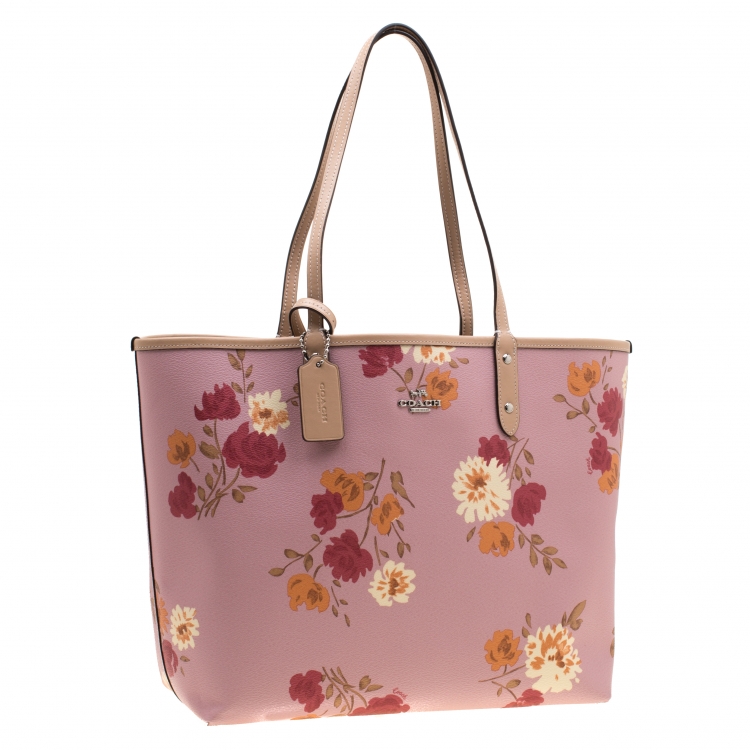 Pre Owned Coach Pink/Beige Floral Print And Signature Coated Canvas Reversible City Tote