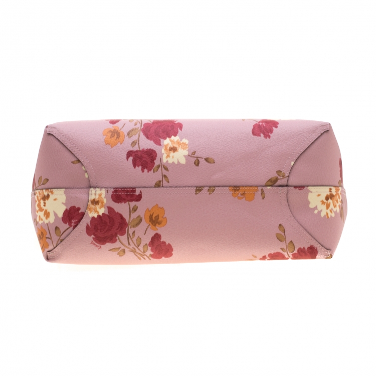 Pre Owned Coach Pink/Beige Floral Print And Signature Coated Canvas Reversible City Tote