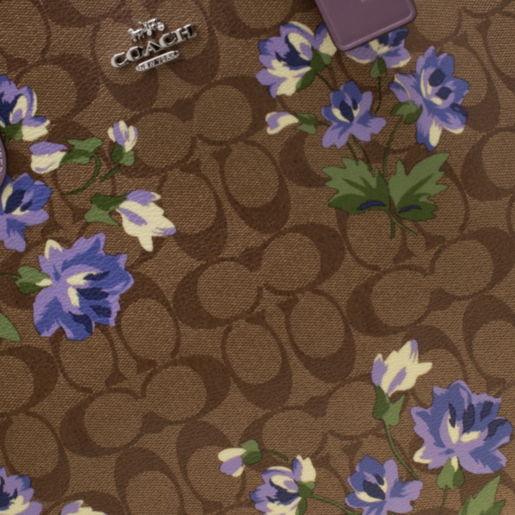 Pre Owned Coach Brown/Khaki Floral Print Coated Canvas Reversible City Tote