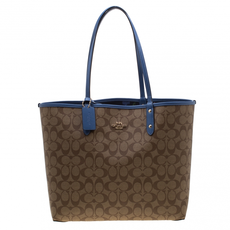 مملوكة مسبقًا Coach Navy Blue/Beige Floral Print And Signature Coated Canvas Reversible City Tote