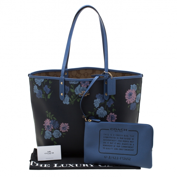 مملوكة مسبقًا Coach Navy Blue/Beige Floral Print And Signature Coated Canvas Reversible City Tote