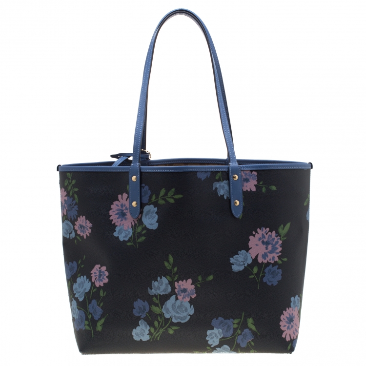 مملوكة مسبقًا Coach Navy Blue/Beige Floral Print And Signature Coated Canvas Reversible City Tote