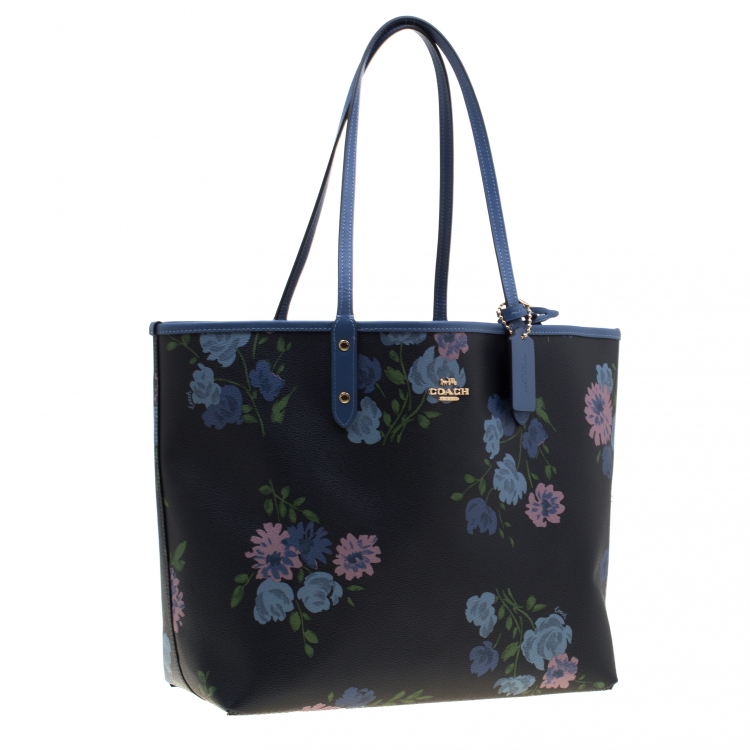 مملوكة مسبقًا Coach Navy Blue/Beige Floral Print And Signature Coated Canvas Reversible City Tote