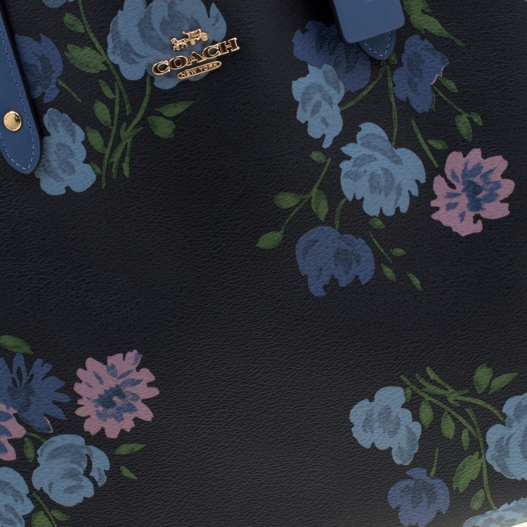 مملوكة مسبقًا Coach Navy Blue/Beige Floral Print And Signature Coated Canvas Reversible City Tote