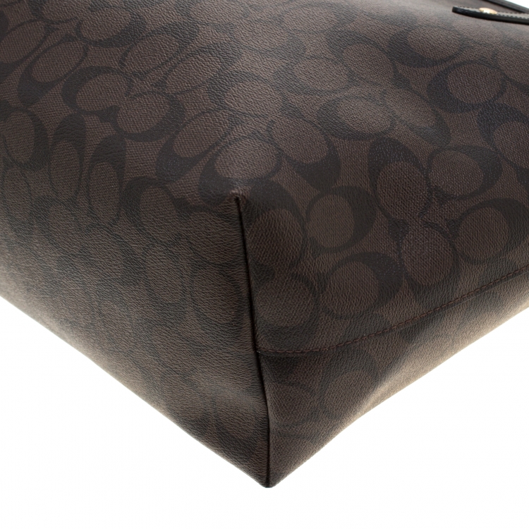 Pre Owned Coach Brown/Black Signature Coated Canvas City Zip Tote