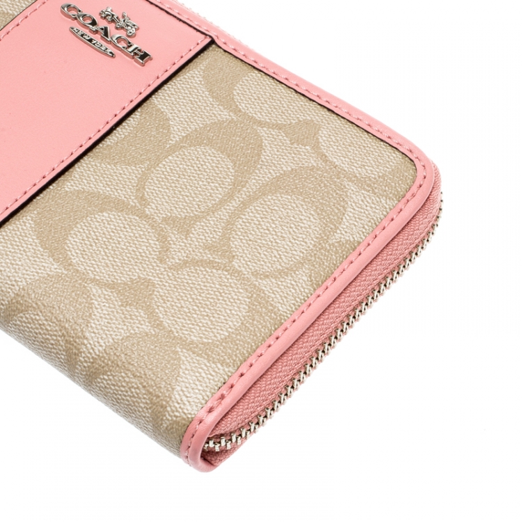 Pre Owned  Coach Beige/Pink Signature PVC and Leather Accordion Zip Around Wallet