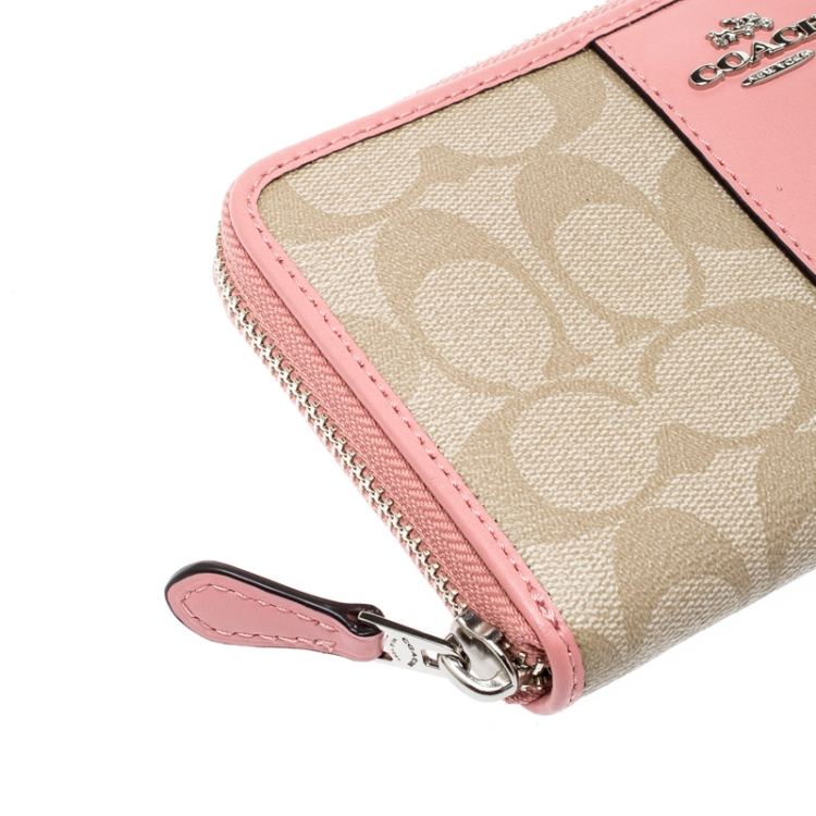 Pre Owned  Coach Beige/Pink Signature PVC and Leather Accordion Zip Around Wallet